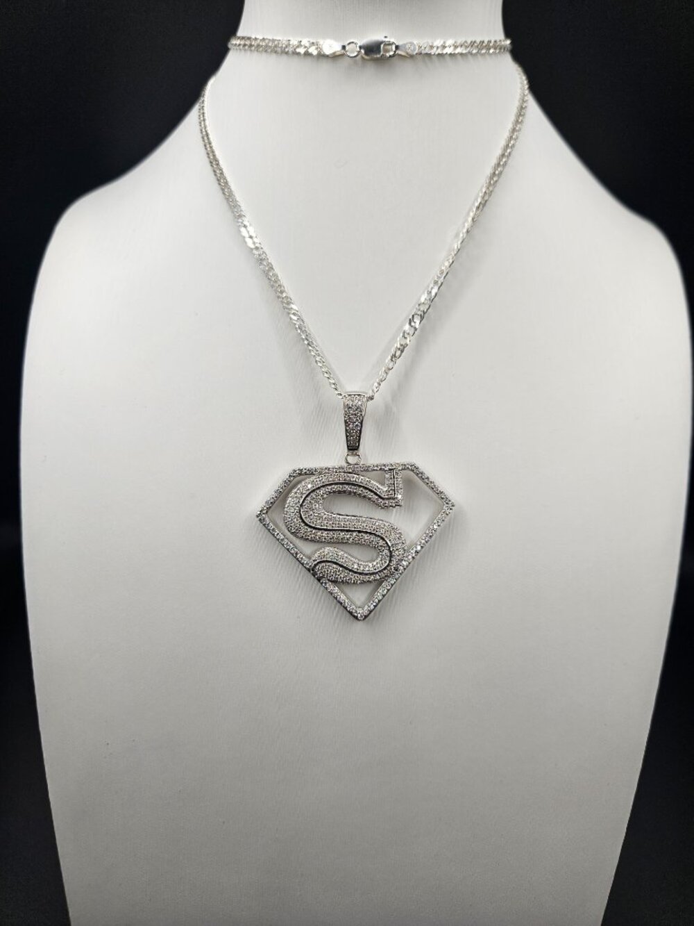 925 Sterling Silver Moissanite Superman Shield Pendant Necklace 24"